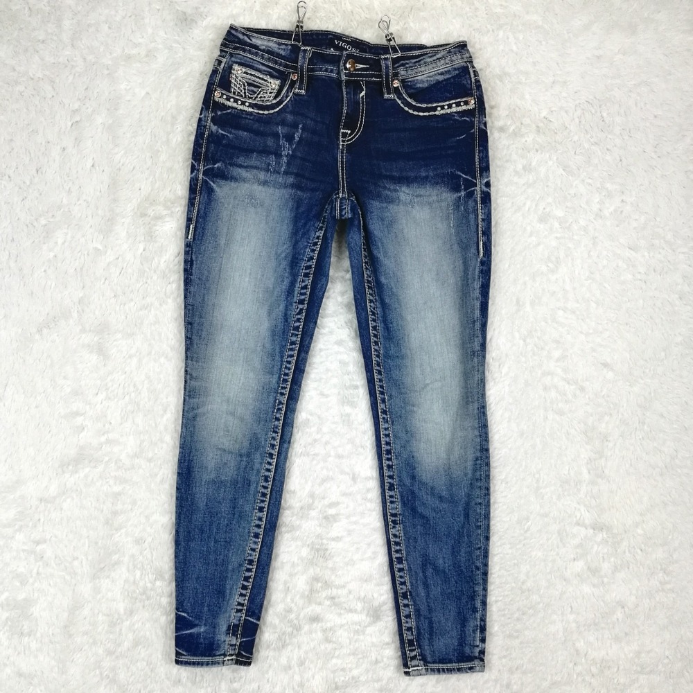 Vigoss Womens Jeans Skinny Ankle Blue Denim Stone‎ Wash Whiskering Jeweled 4